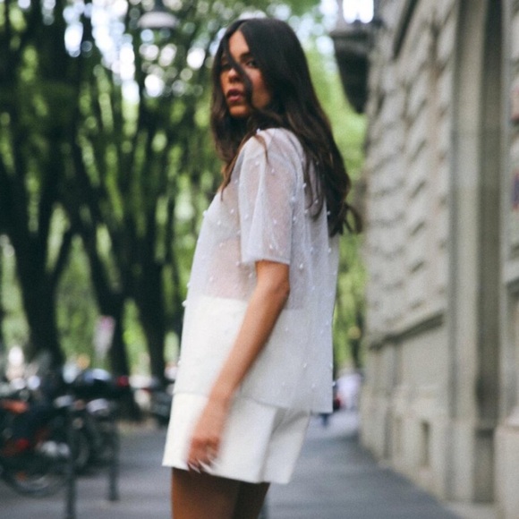 ZARA PEARL TRIM SEMI SHEER KNIT SHIRT S-M BNWT - Picture 2 of 10